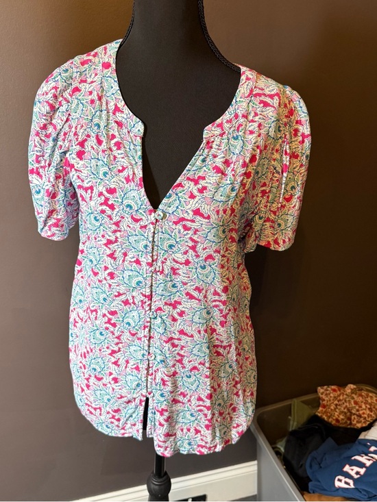 LOFT Tops - LOFT Pink and Teal Floral Button-Front Blouse